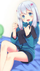 Rule 34 | 10s, 1girl, bad id, bad pixiv id, blue eyes, blurry, bow, commentary request, depth of field, drawing tablet, eromanga sensei, hair bow, izumi sagiri, jacket, long hair, low-tied long hair, open mouth, pink bow, silver hair, solo, stuffed animal, stuffed octopus, stuffed toy, stylus, tobade (tbdfactory)