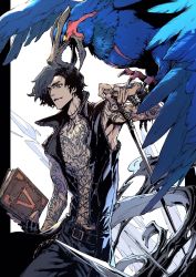 Rule 34 | 1boy, arm tattoo, armpits, beak, belt, belt buckle, bird, black belt, black gloves, black hair, black pants, blue fur, book, bracelet, buckle, cane, chain, devil may cry (series), devil may cry 5, feathers, fingerless gloves, flying, full-body tattoo, gloves, glowing, glowing eyes, grey eyes, griffon (devil may cry), highres, holding, holding book, holding cane, jewelry, male focus, manly, necklace, ogata tomio, open mouth, pants, ring, smile, smoke, talons, tattoo, v (devil may cry), yellow eyes