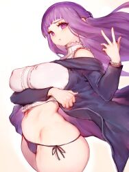 Rule 34 | 1girl, :t, alternate breast size, black coat, black robe, blunt bangs, breasts, coat, covered erect nipples, curvy, fern (sousou no frieren), floating clothes, floating hair, fumio (rsqkr), highres, large breasts, long hair, looking at viewer, navel, pout, purple eyes, purple hair, robe, simple background, sousou no frieren, straight hair, thick thighs, thighs, very long hair, white background