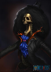 Rule 34 | 1boy, absurdres, afro, ascot, black hair, black hat, blue ascot, brook (one piece), commentary, english commentary, english text, hat, highres, logo, male focus, melvinchanart, one piece, open mouth, realistic, skeleton, skull and crossbones, solo, translation request, watermark, web address