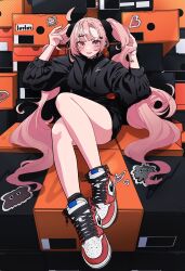 Rule 34 | 1girl, absurdres, ahoge, black dress, blush, commentary, copyright request, dress, hair ornament, hairclip, heart sticker, highres, long hair, luvluvvox, pink eyes, pink hair, shoes, sitting, smile, sneakers, solo, symbol-only commentary, twintails, very long hair