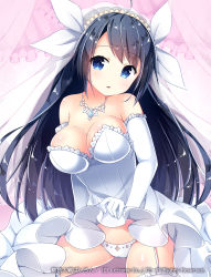 Rule 34 | 1girl, bare shoulders, black hair, blue eyes, breasts, cleavage, dress, elbow gloves, garter straps, gloves, large breasts, long hair, looking at viewer, momoiro taisen pairon, original, panties, parted lips, solo, underwear, wedding dress, white gloves, yaki mayu