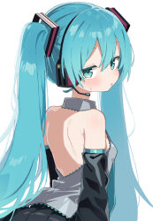 Rule 34 | 1girl, aqua eyes, aqua hair, arms at sides, backless shirt, bare shoulders, black skirt, black sleeves, blush, breasts, commentary, detached sleeves, double-parted bangs, grey shirt, hair between eyes, hair ornament, hatsune miku, headphones, headset, highres, long hair, looking at viewer, maud0239, parted lips, pleated skirt, shirt, simple background, skirt, small breasts, solo, sweatdrop, turning head, twintails, very long hair, vocaloid, white background