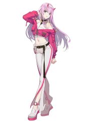 Rule 34 | 1girl, alternate costume, ankle strap, arm up, bare shoulders, belt pouch, blush, breast pocket, casual, crop top, cropped jacket, darling in the franxx, earrings, full body, green eyes, hairband, highres, horns, jewelry, long hair, long sleeves, looking at viewer, navel, off shoulder, pants, parted lips, partially unzipped, pink hair, pocket, pouch, simple background, single vertical stripe, solo, standing, stomach, straight hair, white background, white footwear, white hairband, white pants, yukiyaii, zero two (darling in the franxx), zipper, zipper pull tab