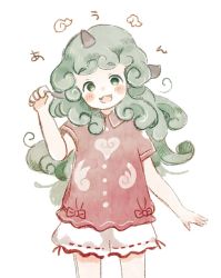 Rule 34 | 1girl, :3, animal ears, blouse, character name, curly hair, dog ears, fangs, green eyes, green hair, horns, komano aunn, long hair, looking at viewer, onigiri (ginseitou), open mouth, paw pose, red shirt, shirt, simple background, single horn, smile, solo, touhou, white background