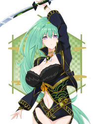 Rule 34 | 1girl, breasts, cleavage, clothing cutout, commission, green hair, green heart (neptunia), hair between eyes, hair ornament, high ponytail, highres, holding, holding sword, holding weapon, jewelry, large breasts, long hair, looking at viewer, navel, navel cutout, necklace, neptune (series), pixiv commission, ponytail, power symbol, power symbol-shaped pupils, purple eyes, senran nin nin ninja taisen neptune: shoujo-tachi no kyouen, sword, symbol-shaped pupils, very long hair, weapon, zatsu