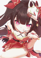 1girl absurdres bare_shoulders bell black_choker black_hair breasts brown_hair choker detached_sleeves dress enomura_aoumi fireworks fox_mask highres honkai:_star_rail honkai_(series) long_hair looking_at_viewer mask mask_on_head neck_bell open_mouth pink_eyes red_dress sitting smile solo sparkle_(honkai:_star_rail) thighs twintails