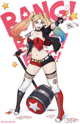Rule 34 | 1girl, alternate legwear, artist name, asymmetrical clothes, batman (series), belt, black footwear, black jacket, black shorts, blonde hair, blue eyes, boots, breasts, card, cleavage, collarbone, commentary request, cross-laced footwear, dc comics, facial mark, finger gun, fingerless gloves, fishnet thighhighs, fishnets, full body, gloves, hair ornament, hammer, harley quinn, jacket, lace-up boots, large breasts, long hair, looking at viewer, makeup, mallet, medium breasts, multicolored clothes, multicolored hair, multicolored shorts, nail polish, navel, pale skin, playing card, red footwear, red lips, red nails, red shorts, short shorts, shorts, simple background, smile, solo, standing, star (symbol), stomach, studded choker, the joker, thighhighs, torn clothes, torn thighhighs, twintails, unsomnus, white belt, white thighhighs, wristband
