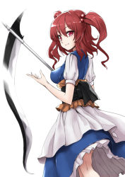 Rule 34 | 1girl, alternate weapon, female focus, hair bobbles, hair ornament, holding, onozuka komachi, red eyes, red hair, scythe, simple background, solo, takemori shintarou, touhou, twintails, two side up, weapon, white background