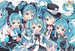Rule 34 | 5girls, ace (playing card), ace of spades, aqua eyes, aqua hair, arami o 8, bare shoulders, black bow, bow, bowtie, buttons, card, commentary, detached sleeves, double-breasted, english commentary, gloves, hair bow, hair ornament, hat, hatsune miku, headphones, headset, holding hands, long hair, looking at viewer, magical mirai (vocaloid), magical mirai miku, magical mirai miku (2013), magical mirai miku (2014), magical mirai miku (2015), magical mirai miku (2016), magical mirai miku (2017), multiple girls, multiple persona, necktie, playing card, reaching, reaching towards viewer, shirt, skirt, sleeveless, sleeveless shirt, smile, spade (shape), sparkle, symbol-only commentary, top hat, twintails, very long hair, vocaloid