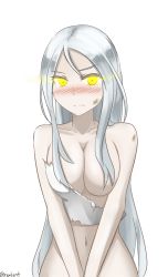 Rule 34 | 10s, 1girl, abyssal ship, blush, convenient censoring, hair censor, hair over breasts, kantai collection, long hair, rexlent, silver hair, solo, ta-class battleship, torn clothes, yellow eyes