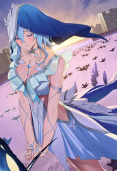 1girl armlet blue_dress blue_hair blue_veil blush breasts closed_mouth collarbone colored_eyelashes commentary cowboy_shot dress dutch_angle hair_between_eyes highres jewelry large_breasts narut_(gurenarut) outdoors own_hands_together purple_eyes shorekeeper_(wuthering_waves) sleeveless sleeveless_dress solo two-tone_veil veil white_veil wuthering_waves