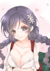 Rule 34 | 10s, 1girl, alternate hairstyle, braid, breasts, cleavage, flower, frapowa, green eyes, hair flower, hair ornament, heart, large breasts, long hair, love live!, love live! school idol festival, love live! school idol project, pulling own clothes, purple hair, smile, solo, tojo nozomi, twin braids, twintails