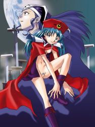 Rule 34 | 2girls, althena, blue eyes, blue hair, boots, bottomless, breasts, cape, earrings, female pubic hair, game arts, hat, jewelry, leg up, long hair, lucia (lunar), lunar, lunar 2: eternal blue, moon, multiple girls, nipples, no pussy, pubic hair, pussy, red eyes, sitting, small breasts