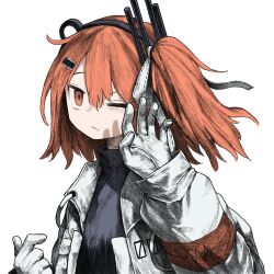 Rule 34 | 1girl, a.i. voice, adachi rei, black sweater, closed mouth, gloves, hair between eyes, hair ribbon, headlamp, highres, jacket, kilsturgeon, long sleeves, looking at viewer, one eye closed, one side up, open clothes, open jacket, orange eyes, orange hair, radio antenna, ribbon, simple background, solo, sweater, turtleneck, turtleneck sweater, upper body, utau, white background, white gloves, white jacket, white ribbon