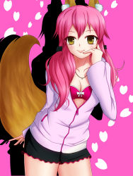 Rule 34 | 10s, 1girl, alternate hairstyle, animal ears, blush, breasts, casual, cleavage, collarbone, fate/extra, fate (series), fox ears, fox tail, hair ornament, long hair, looking at viewer, official alternate costume, open clothes, open shirt, pink background, pink hair, shirt, simple background, smile, solo, standing, tail, tamamo no mae (fate/extra), tamamo no mae (spring casual) (fate), tetsu (114351), twintails, yellow eyes