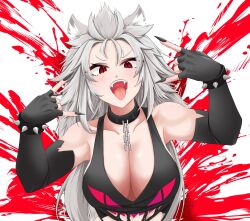 Rule 34 | 1girl, absurdres, animal ear fluff, animal ears, black bracelet, black collar, black gloves, black nails, black shirt, bracelet, breasts, cleavage, collar, cropped shirt, double v, elbow gloves, fangs, fingerless gloves, gloves, grey hair, highres, jewelry, large breasts, looking at viewer, mmneko, open mouth, red eyes, shirt, slit pupils, spiked bracelet, spikes, tongue, tongue out, v, virtual youtuber, vshojo, wolf ears, wolf girl, zentreya, zentreya (werewolf)