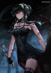Rule 34 | 1girl, 2boys, absurdres, artist name, black dress, black gloves, black hair, black thighhighs, blood, blood on breasts, blood on face, blurry, blurry background, breasts, character name, cleavage, closed mouth, commentary, covered navel, dagger, dress, earrings, english commentary, fingerless gloves, gloves, gold hairband, hairband, highres, holding, holding dagger, holding knife, holding weapon, jewelry, knife, knightfang, large breasts, long hair, multiple boys, red eyes, sidelocks, solo focus, spy x family, stiletto (weapon), thighhighs, torn clothes, torn dress, twitter username, walking, watermark, weapon, yor briar