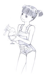 Rule 34 | 1girl, food, monochrome, naked overalls, original, overalls, shaved ice, short hair, sketch, solo, traditional media, yoshitomi akihito