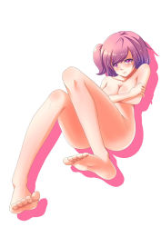 Rule 34 | 1girl, bad id, bad pixiv id, barefoot, blush, breasts, cleavage, covering privates, covering breasts, crossed arms, feet, foot focus, foreshortening, full body, highres, huan yu, legs, nude, original, purple eyes, purple hair, shadow, short hair, side ponytail, simple background, soles, solo, tears, toes, white background