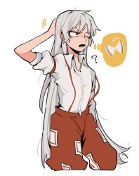 Rule 34 | 1girl, ?, bow, collared shirt, fujiwara no mokou, highres, iampenguinj, long hair, no headwear, open mouth, pants, red eyes, shirt, short sleeves, silver hair, simple background, solo, standing, suspenders, thought bubble, touhou, very long hair, white background, white shirt
