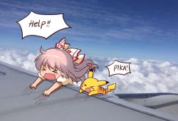 Rule 34 | &gt; &lt;, 1girl, above clouds, blue sky, blush, bow, chinese commentary, closed eyes, cloud, commentary request, creatures (company), crossover, day, english text, artistic error, fujiwara no mokou, game freak, gen 1 pokemon, hair between eyes, hair bow, jokanhiyou, nintendo, open mouth, outdoors, pikachu, pink hair, pokemon, pokemon (creature), puffy short sleeves, puffy sleeves, shirt, short sleeves, sky, speech bubble, tears, touhou, white bow, white shirt