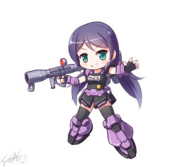 Rule 34 | 10s, 1girl, chibi, company connection, dom (mobile suit), fingerless gloves, gloves, green eyes, gundam, langbazi, long hair, love live!, love live! school idol project, name tag, purple hair, solo, sunrise (company), thighhighs, tojo nozomi, weapon