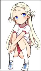Rule 34 | 1girl, ass, blonde hair, blue archive, blue eyes, blush, buruma, caburi, closed mouth, collarbone, flat chest, forehead, gym shirt, highres, long hair, red buruma, shirt, shoes, short sleeves, simple background, sneakers, socks, solo, sora (blue archive), two side up, white background, white footwear, white shirt, white socks