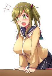 Rule 34 | 10s, 1girl, arm support, blush, breasts, brown hair, eyebrows, fang, green eyes, hair bobbles, hair ornament, highres, inuyama aoi, large breasts, long hair, mistynight, open mouth, side ponytail, simple background, skin fang, smile, solo, standing, thick eyebrows, white background, yurucamp