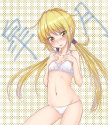 Rule 34 | 1girl, blonde hair, blush, bra, character name, chindefu, contrapposto, cowboy shot, embarrassed, gingham background, kantai collection, long hair, navel, panties, satsuki (kancolle), solo, standing, twintails, underwear, underwear only, white bra, white panties