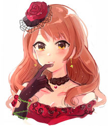 Rule 34 | 1girl, bare shoulders, black gloves, blush, breasts, choker, cleavage, collarbone, dress, earrings, elbow gloves, finger to own chin, flower, gloves, hair flower, hair ornament, highres, houjou karen, idolmaster, idolmaster cinderella girls, idolmaster cinderella girls starlight stage, jewelry, long hair, looking at viewer, love destiny, orange hair, red dress, rose, simple background, smile, solo, thorns, wenquangua, white background, yellow eyes