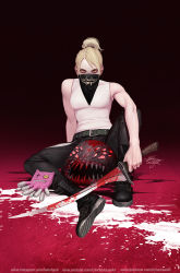 Rule 34 | 1girl, bags under eyes, bandana over mouth, bandana, black footwear, black pants, blonde hair, blood, bloody weapon, boots, breasts, covered mouth, erica slaughter, full body, highres, in-hyuk lee, medium breasts, pants, ponytail, severed head, shirt, signature, sitting, sleeveless, sleeveless shirt, solo, something is killing the children, sword, toned, watermark, weapon, web address, yellow eyes