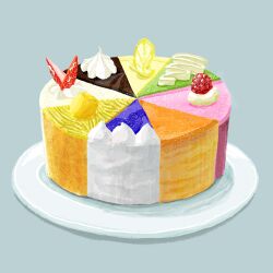 Rule 34 | absurdres, cake, food, food focus, fruit, grey background, highres, icing, lemon, no humans, original, plate, raspberry, simple background, still life, strawberry, tonekoya