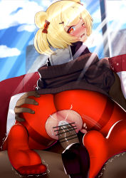 Rule 34 | 1boy, 1girl, 22-sai (1092344778), absurdres, animal ears, anus, arknights, ass, ass grab, bad id, bad pixiv id, bar censor, bear ears, bear girl, blonde hair, blue sky, blush, bob cut, brown jacket, censored, cloud, cloudy sky, crying, crying with eyes open, cum, cum in pussy, dark-skinned male, dark skin, feet, gummy (arknights), hetero, highres, interracial, jacket, looking at viewer, looking back, no panties, no shoes, one eye closed, open mouth, orange eyes, pantyhose, penis, pussy, red pantyhose, school uniform, sex, shoe soles, shoes, single shoe, sky, soles, tears, toes, torn clothes, torn pantyhose, window