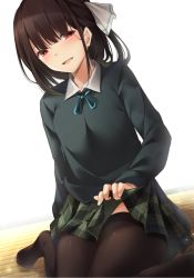 Rule 34 | 1girl, black hair, black shirt, black thighhighs, blue ribbon, blush, clothes lift, commentary request, dutch angle, feet out of frame, green skirt, hair ribbon, highres, lifted by self, light particles, long sleeves, looking at viewer, miniskirt, mole, mole under eye, neck ribbon, no shoes, open mouth, original, plaid, plaid skirt, red eyes, ribbon, shadow, shirt, short hair, simple background, sitting, skirt, skirt lift, smile, solo, tatami, thighhighs, toyosaki shu, wariza, white background, white ribbon