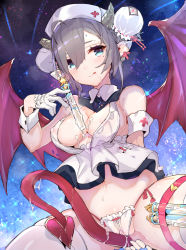 Rule 34 | 1girl, :q, ahoge, armband, babydoll, between fingers, blue eyes, blush, breasts, covered erect nipples, demon girl, demon horns, demon tail, demon wings, double bun, gloves, grey hair, hair between eyes, hair bun, half gloves, holding, horns, looking at viewer, medium breasts, mole, mole under eye, navel, original, panties, pointy ears, ribbon trim, saliva, sidelocks, smile, solo, suggestive fluid, tail, tajima ryuushi, test tube, thigh strap, thighhighs, thighs, tongue, tongue out, underwear, white gloves, white panties, white thighhighs, wings