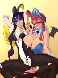 Rule 34 | 2girls, absurdres, alternate breast size, animal ear headwear, animal ears, armpits, arms up, bad tag, black hair, blue eyes, bow, bowtie, breast press, breasts, bush, cleavage, closed eyes, collar, corset, cosplay, creatures (company), curvy, elesa (pokemon), emolga, fake animal ears, female focus, female pubic hair, functionally nude, game freak, gen 5 pokemon, gloves, gym leader, hair ornament, hairpiece, hand on leg, happy, headphones, highres, large breasts, leggings, long bangs, long legs, looking at another, multiple girls, myutoeve, navel, nintendo, on lap, pale skin, pokemon, pokemon bw2, pubic hair, pussy, red hair, short hair, skyla (pokemon), small breasts, smile, spread legs, swoobat, swoobat (cosplay), thick thighs, thighs, torn clothes, torn legwear, v, yuri