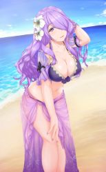 Rule 34 | alternate costume, bare legs, beach, bikini, breasts, camilla (fire emblem), camilla (summer) (fire emblem), cleavage, cloud, cloudy sky, collarbone, cowboy shot, day, diva20197, fire emblem, fire emblem fates, fire emblem heroes, floral print, flower, hair flower, hair ornament, hair over one eye, hand in own hair, large breasts, leaning forward, light purple hair, long hair, looking at viewer, nail polish, navel, nintendo, o-ring, o-ring bikini, o-ring bottom, o-ring top, ocean, outdoors, parted lips, purple bikini, purple eyes, purple nails, sand, sarong, see-through, sky, smile, solo, standing, swimsuit, wavy hair