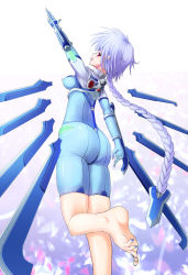 Rule 34 | 1girl, arc system works, armor, ass, barefoot, blazblue, bodysuit, braid, breasts, koromia, long hair, looking back, nail polish, nu-13, open mouth, silver hair, very long hair, wings