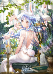 Rule 34 | 5girls, animal ear fluff, animal ears, ass, back, backless dress, backless outfit, blue hair, blurry, blurry foreground, blush, book, braiding hair, breasts, brushing hair, candle, chair, character name, clothing cutout, commentary, depth of field, dress, english commentary, english text, frilled sleeves, frills, from behind, green dress, hair between eyes, hair brush, hairband, hairdressing, highres, hikosan, holding, holding own hair, hololive, lens flare, long hair, long sleeves, looking at viewer, looking back, maid, makeup brush, multicolored hair, multiple girls, parted lips, rabbit ears, rabbit girl, rabbit tail, red eyes, short sleeves, signature, sitting, small breasts, smile, tail, tail through clothes, two-tone hair, usada pekora, vase, very long hair, virtual youtuber, white dress, white hair, white hairband