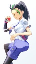 Rule 34 | 1girl, absurdres, ass, black gloves, black hair, black pantyhose, breasts, commentary request, creatures (company), freckles, game freak, gloves, green hair, hand up, highres, holding, holding poke ball, kanpiro, looking at viewer, medium breasts, multicolored hair, necktie, nemona (pokemon), nintendo, pantyhose, poke ball, poke ball (basic), pokemon, pokemon sv, ponytail, purple necktie, purple shorts, shirt, short sleeves, shorts, single glove, smile, solo, two-tone hair, white background, white shirt, yellow eyes