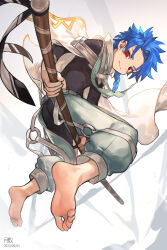 Rule 34 | 1boy, absurdres, ass, barefoot, black bodysuit, blue hair, bodysuit, bodysuit under clothes, braid, closed mouth, cu chulainn (fate), dated, fate/grand order, fate (series), feet, highres, holding, holding polearm, holding weapon, long hair, looking at viewer, male focus, pants, polearm, red eyes, setanta (fate), signature, simple background, single braid, soles, solo, spiked hair, tsukibara, weapon