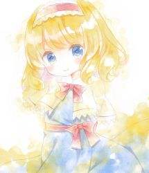 Rule 34 | alice margatroid, arms behind back, blonde hair, blue dress, blue eyes, blush, bow, bowtie, capelet, commentary request, cowboy shot, dress, gradient background, hairband, head tilt, kagome f, lolita hairband, looking at viewer, painting (medium), red neckwear, sash, short hair, smile, standing, touhou, traditional media, watercolor (medium), white background