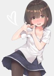 Rule 34 | 1girl, absurdres, black pantyhose, blue skirt, blush, breasts, brown hair, cleavage, collared shirt, commentary request, cowboy shot, embarrassed, eyes visible through hair, full-face blush, go-1, grey background, heart, heart hands, highres, legs apart, looking at viewer, nail polish, open mouth, original, pantyhose, pink nails, pleated skirt, school uniform, shirt, short hair, short sleeves, simple background, skirt, small breasts, solo, standing, teeth, wavy mouth, white shirt, wing collar, yellow eyes