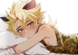 Rule 34 | 1boy, absurdres, animal ears, armpits, bandages, black choker, black ears, blonde hair, blush, camouflage, camouflage shirt, cat boy, cat ears, choker, commission, earrings, ferea bimi, highres, hugging object, indie virtual youtuber, jewelry, kainen, looking at viewer, lying, male focus, on stomach, pillow, pillow hug, red eyes, shirt, skeb commission, solo, tank top, trap, virtual youtuber
