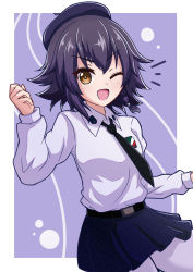 Rule 34 | 1girl, ;d, anzio school uniform, belt, beret, black belt, black hair, black hat, black necktie, black skirt, blue background, braid, brown eyes, commentary, cowboy shot, dress shirt, emblem, girls und panzer, hair tie, hat, highres, leaning to the side, long sleeves, looking at viewer, miniskirt, necktie, notice lines, one eye closed, open mouth, outside border, pantyhose, pepperoni (girls und panzer), pleated skirt, school uniform, shirt, short hair, side braid, skirt, smile, solo, standing, white pantyhose, white shirt, wing collar, yasei