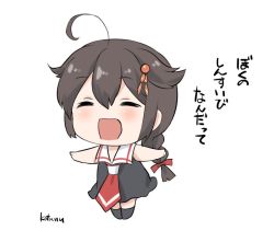 Rule 34 | 10s, 1girl, aged down, ahoge, artist name, braid, brown hair, chibi, closed eyes, commentary request, dress, gale kawaii, hair ornament, kantai collection, neckerchief, open mouth, outstretched arms, red neckerchief, sailor dress, shigure (kancolle), simple background, solo, spread arms, translated, white background