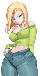 Rule 34 | 1girl, absurdres, android 18, aqua eyes, bare shoulders, blonde hair, breasts, buttons, covered erect nipples, dragon ball, earrings, closed eyes, green shirt, highres, jewelry, looking at viewer, midriff, navel, necklace, nia (nia4294), off-shoulder shirt, off shoulder, pants, pearl necklace, shirt, simple background, solo, white background