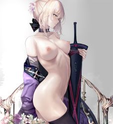 Rule 34 | 1girl, ahoge, artoria pendragon (all), artoria pendragon (fate), ass, black ribbon, black thighhighs, blonde hair, blush, braid, breasts, closed mouth, collarbone, crown braid, excalibur morgan (fate), fate (series), female pubic hair, flower, green flower, hair flower, hair ornament, hair ribbon, holding, holding sword, holding weapon, long hair, medium breasts, misaka 12003-gou, neck ribbon, nipples, nude, off shoulder, pink flower, pubic hair, purple flower, ribbon, ribs, saber alter, sheath, sheathed, sidelocks, skindentation, smile, solo, stomach, sword, thighhighs, torn clothes, uncensored, weapon, yellow eyes