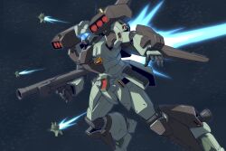 Rule 34 | assault visor, bazooka (gundam), commentary request, exhaust, flying, gundam, gundam unicorn, highres, holding, holding weapon, mecha, missile pod, mobile suit, no humans, open hand, outstretched arm, partial commentary, radio antenna, robot, science fiction, siratori (yy 203), solo focus, space, stark jegan, thrusters, weapon